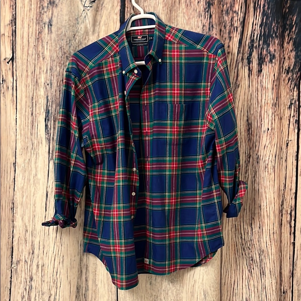 Men's Blue and Red Plaid Shirt